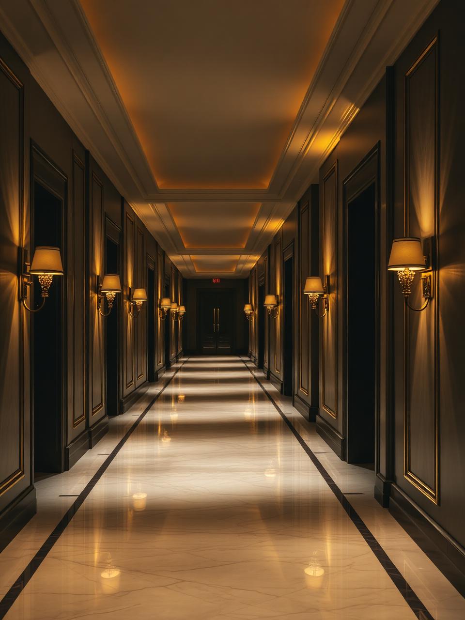 Pasillo de hotel de lujo con iluminación cálida
