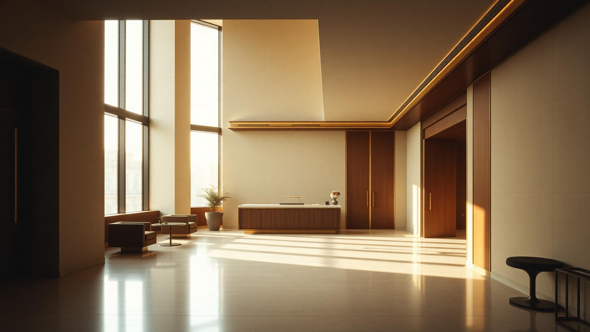 Recepción de hotel con luz natural y materiales nobles