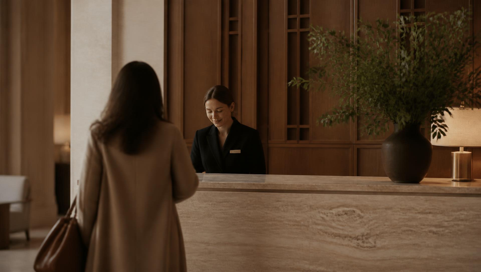 Concierge recomendando con criterio a un huésped en una recepción elegante