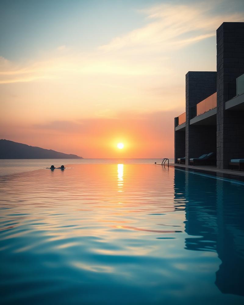 Piscina infinita de un resort de lujo al atardecer