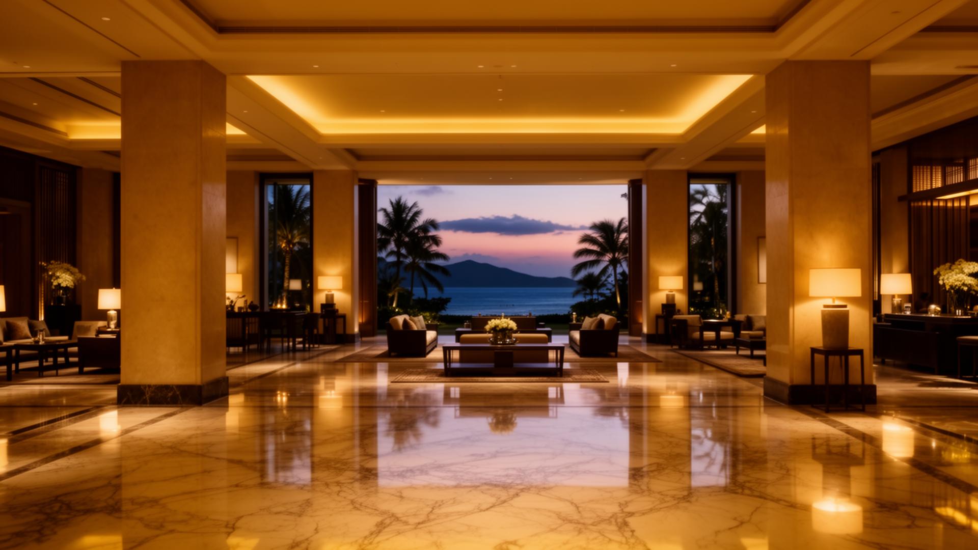 Lobby de hotel de lujo al atardecer con suelos de mármol e iluminación cálida